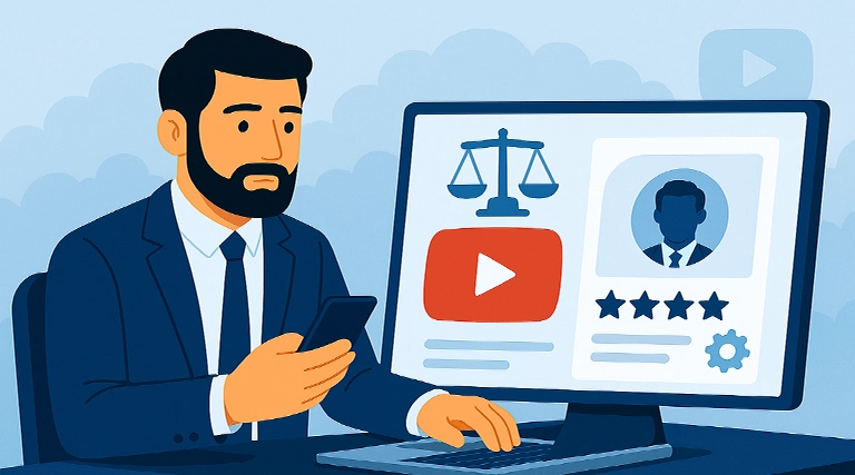 Advogado configurando canal no YouTube com identidade visual jurídica para atrair e engajar clientes em 2025
