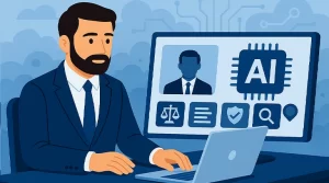 Advogado utilizando ferramenta de inteligência artificial para automatizar tarefas jurídicas e melhorar a eficiência do escritório