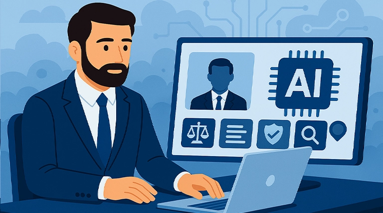 Advogado utilizando ferramenta de inteligência artificial para automatizar tarefas jurídicas e melhorar a eficiência do escritório