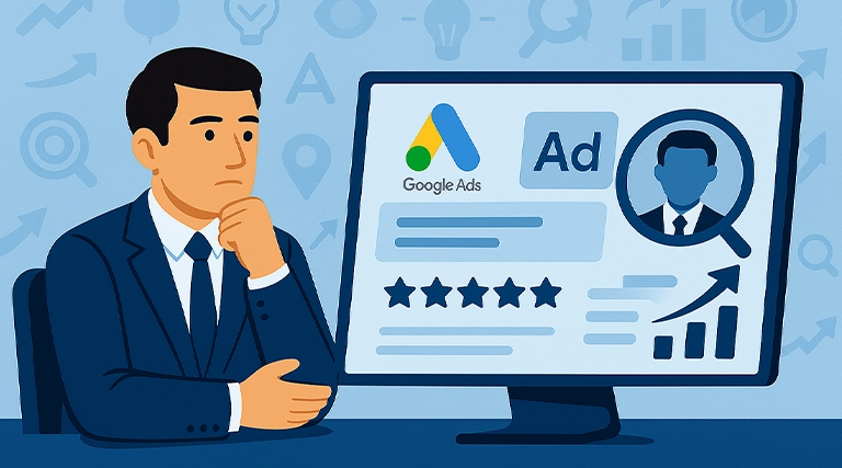 Advogado analisando campanha de Google Ads em 2025, focada no cliente ideal e estratégias de marketing jurídico digital