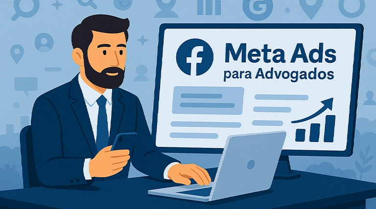 Imagem ilustrando o Meta Ads para Advogados Guia de Facebook Ads 2025, com foco em estratégias de anúncios para advogados que buscam visibilidade digital ética e eficaz.