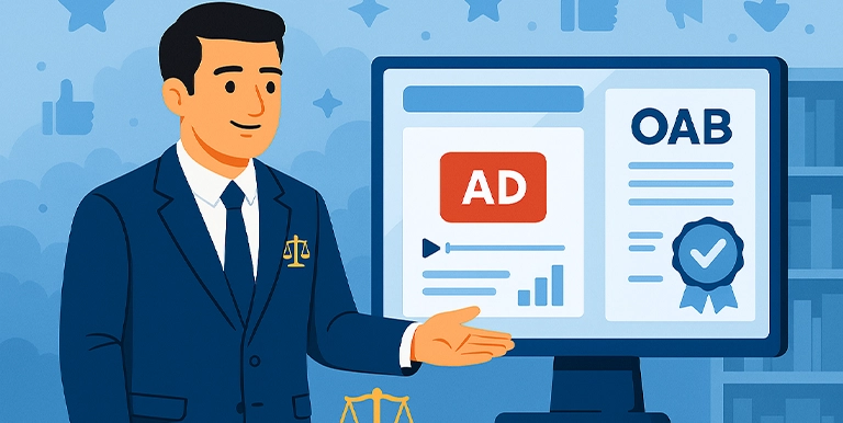 Marketing Jurídico e Estratégias de Publicidade Advogado em frente ao computador representando a publicidade na advocacia, com ícones da OAB e proibição, destacando os limites e as regras éticas da profissão.