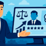 Ilustração de advogado apresentando tela de computador mostrando como aparecer no ChatGPT advogado com balança da justiça, gráfico de crescimento e avaliações 5 estrelas