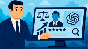 Ilustração de advogado apresentando tela de computador mostrando como aparecer no ChatGPT advogado com balança da justiça, gráfico de crescimento e avaliações 5 estrelas