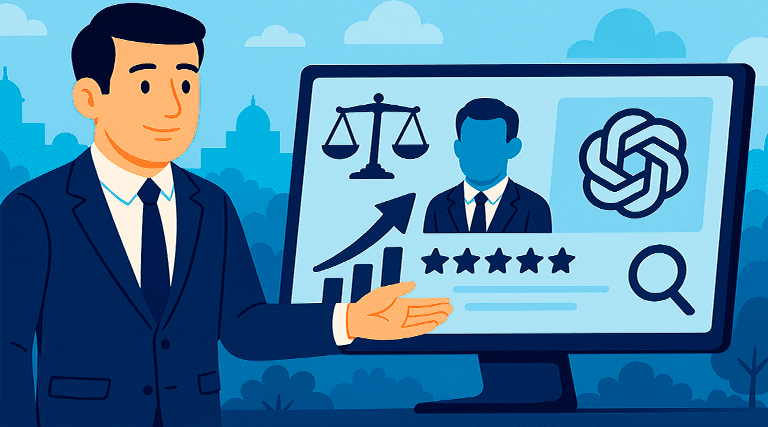 Ilustração de advogado apresentando tela de computador mostrando como aparecer no ChatGPT advogado com balança da justiça, gráfico de crescimento e avaliações 5 estrelas