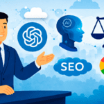 Advogado apresentando conceito de GEO para advogados com ícones de ChatGPT, inteligência artificial, SEO, Google e balança da justiça conectados