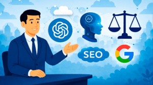 Advogado apresentando conceito de GEO para advogados com ícones de ChatGPT, inteligência artificial, SEO, Google e balança da justiça conectados