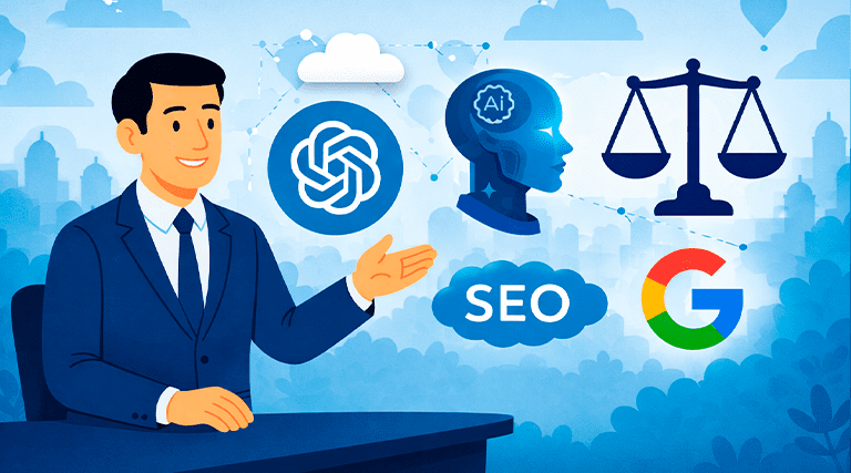 Advogado apresentando conceito de GEO para advogados com ícones de ChatGPT, inteligência artificial, SEO, Google e balança da justiça conectados