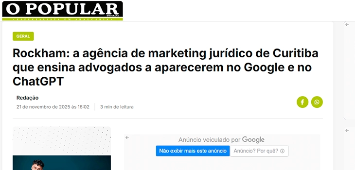 Notícia no jornal O Popular do Paraná sobre a Rockham, agência de marketing jurídico de Curitiba que ajuda advogados a aparecerem no Google e no ChatGPT