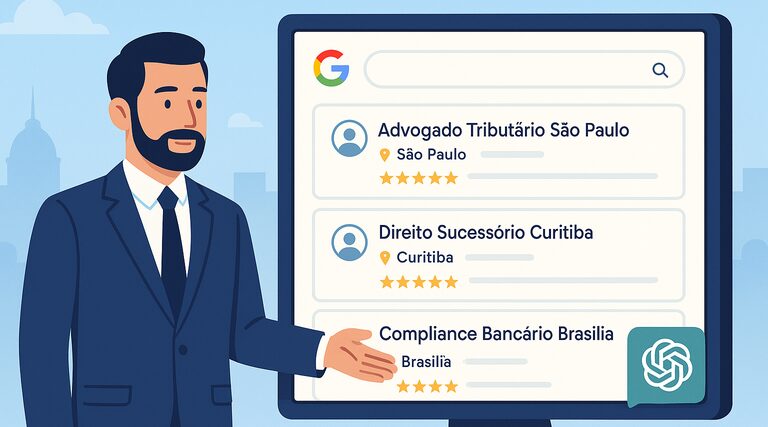Quais estratégias de marketing jurídico funcionam em 2026? Advogado apresenta resultados de busca no Google com perfis de escritórios jurídicos avaliados por clientes