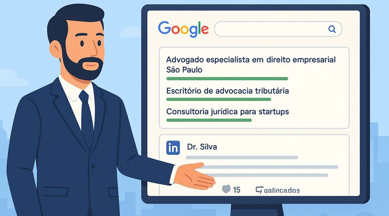 Quais canais orgânicos e pagos funcionam para escritório de advocacia hoje, e por que o canal certo depende da sua área? Profissional apresenta resultados de busca orgânica no Google para serviços jurídicos especializados por área