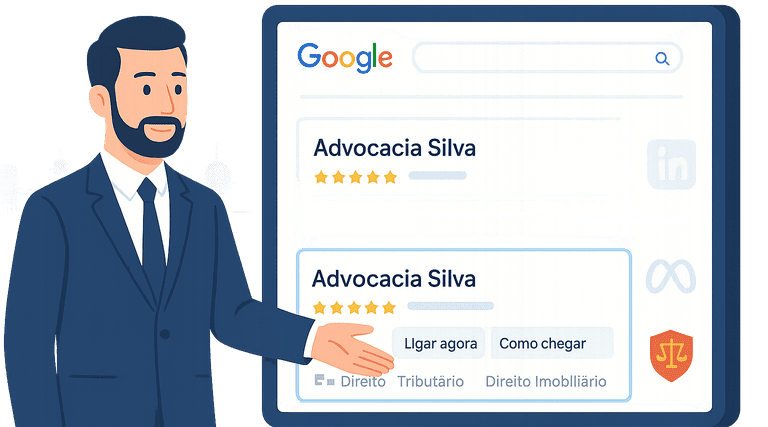 Por onde começar agora sem violar a OAB e sem desperdiçar orçamento? Advogado apresenta perfil de escritório no Google com avaliações e especialidades em marketing jurídico