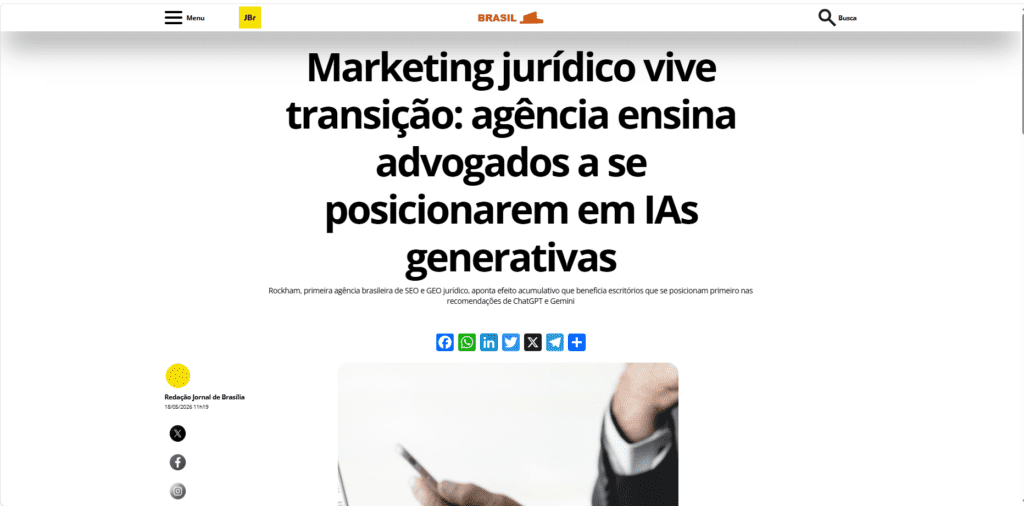 Captura do Jornal de Brasília com matéria sobre a Rockham, agência pioneira em SEO e GEO jurídico que ensina advogados a se posicionarem em IAs generativas como ChatGPT e Gemini