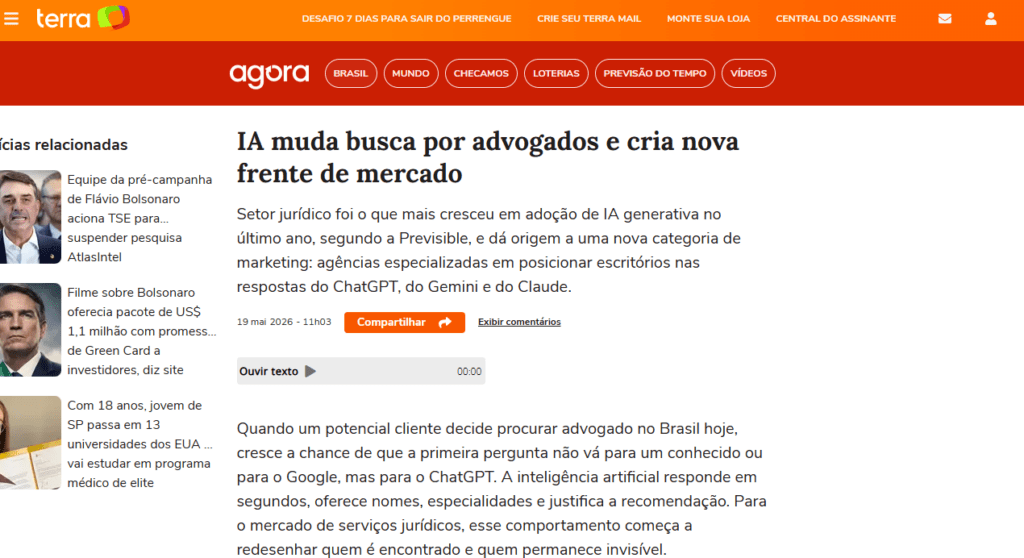 Captura do Portal Terra com matéria sobre como a IA muda a busca por advogados e cria nova frente de mercado, citando agências especializadas em posicionar escritórios no ChatGPT, Gemini e Claude como a Rockham