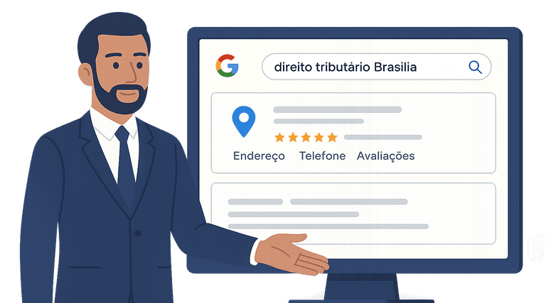 Que critérios realmente separam uma boa agência de marketing jurídico em Brasília? Profissional de terno apresenta busca no Google por serviços jurídicos em Brasília com avaliações destacadas