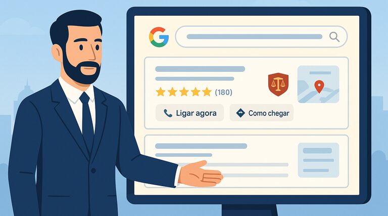 O que é, na prática, uma agência de marketing jurídico? Advogado apresenta perfil comercial do Google com avaliações e localização de escritório jurídico