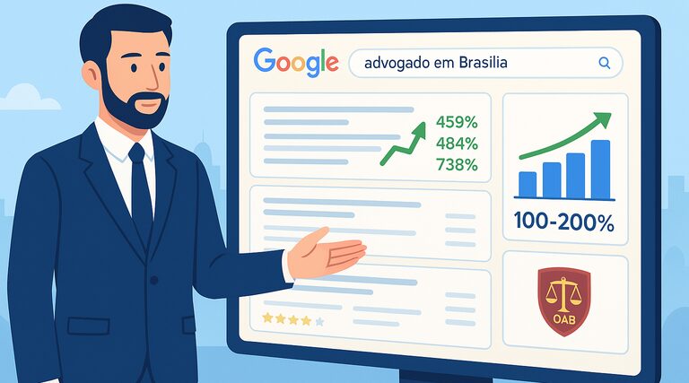 Como saber se a Rockham é a agência certa para o seu escritório? Advogado apresenta painel de resultados SEO com busca por advogado em Brasília e métricas de crescimento