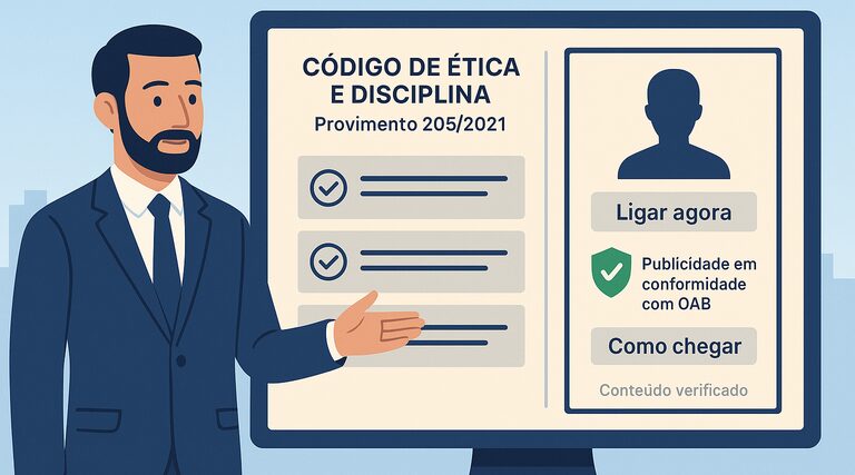 Quais critérios separam de fato uma agência séria de uma genérica? Advogado apresenta slide sobre Código de Ética OAB e publicidade jurídica em conformidade com normas profissionais