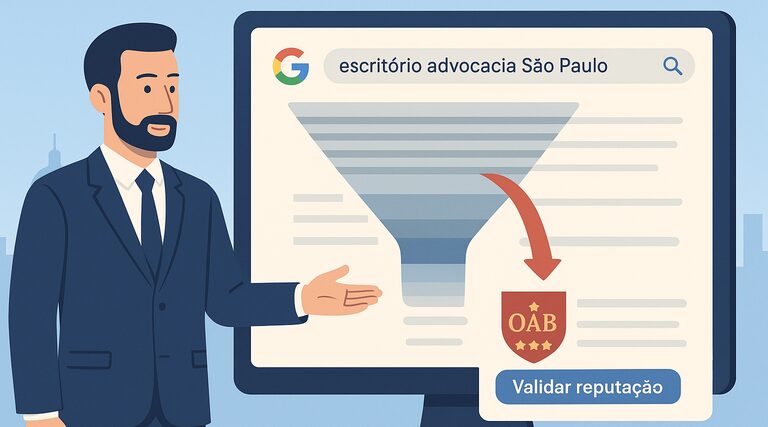 O que muda quando o escritório atua em São Paulo? Advogado apresenta busca de escritório advocacia São Paulo em tela com selo OAB e validação de reputação