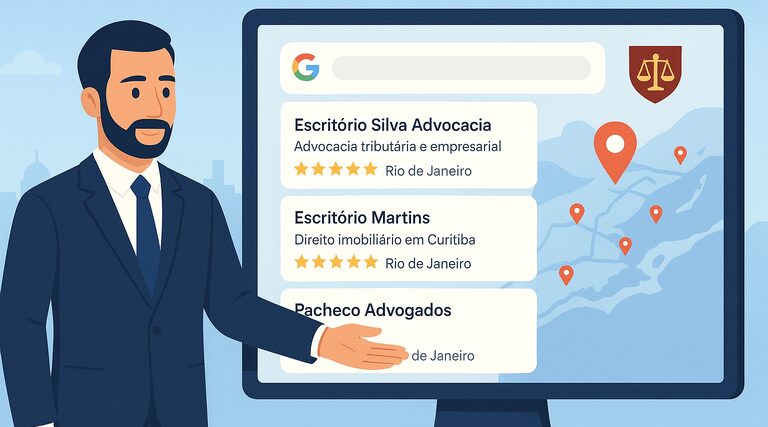 Contratar uma agência do Rio de Janeiro muda alguma coisa? Advogado apresentando resultados de busca local de escritórios jurídicos no Rio de Janeiro em monitor de computador
