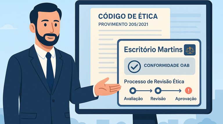 Quais critérios separam uma agência sólida de uma que só promete? Profissional apresenta painel com certificações e processos de conformidade ética em escritório jurídico