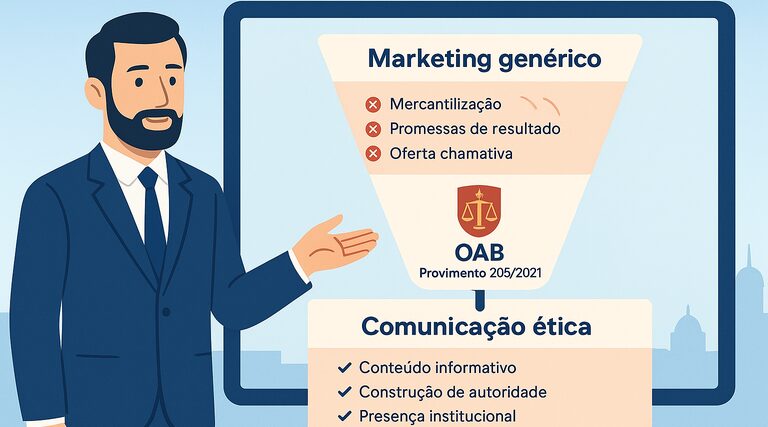 O que faz uma agência ser de marketing jurídico, e não de marketing genérico? Profissional apresenta funil comparando marketing genérico e comunicação ética regulamentada pela OAB para advocacia