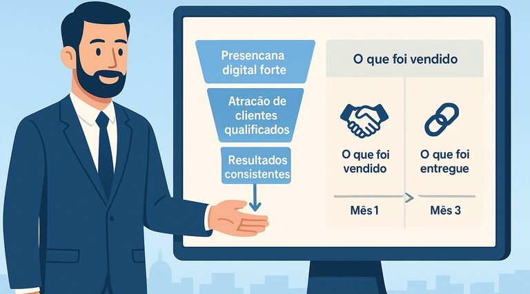 Por que tantos escritórios trocam de agência no primeiro ano? Profissional apresenta funil de marketing e comparação entre promessas e entregas de serviços ao longo de três meses